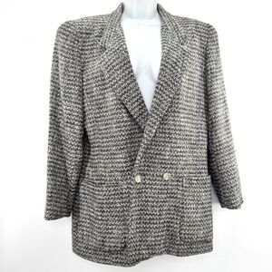 Vintage Liz Claiborne Blazer 12 Petite Gray Boucle Tweed Wool Rayon Chore Jacket